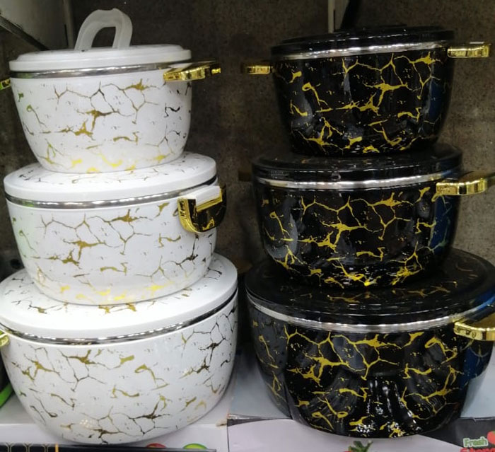 Marble Food Warmer Hot Pot Set With Airtight Lid - 3 Pcs Set