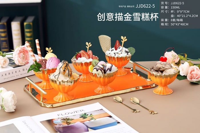 Panja Gold Stone Pattern Ice Cream Set 6 Cup 6 Spoon With Serving Tray
