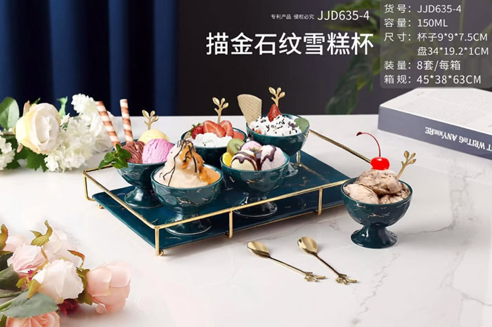 Panja Gold Stone Pattern Ice Cream Set 6 Cup 6 Spoon With Serving Tray