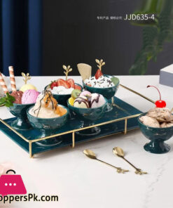 Panja Gold Stone Pattern Ice Cream Set 6 Cup 6 Spoon with Serving Tray