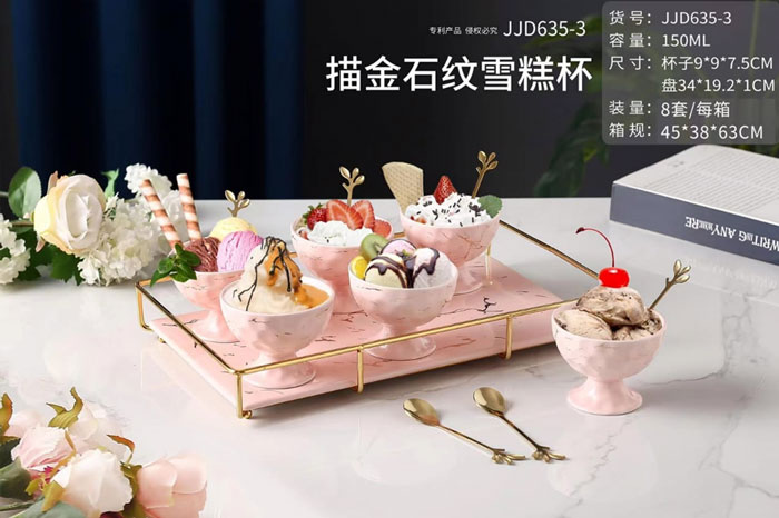Panja Gold Stone Pattern Ice Cream Set 6 Cup 6 Spoon With Serving Tray