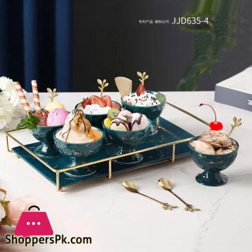 Panja Gold Stone Pattern Ice Cream Set 6 Cup 6 Spoon with Serving Tray