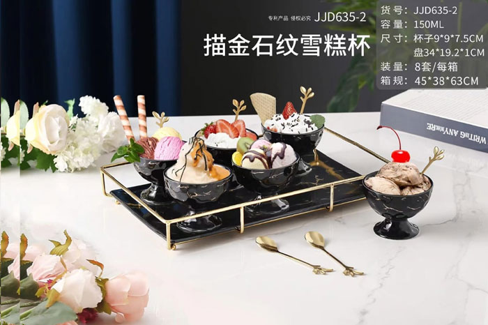 Panja Gold Stone Pattern Ice Cream Set 6 Cup 6 Spoon With Serving Tray