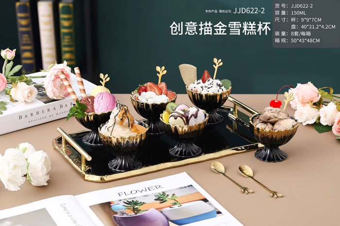 Panja Gold Stone Pattern Ice Cream Set 6 Cup 6 Spoon With Serving Tray