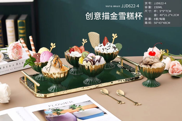 Panja Gold Stone Pattern Ice Cream Set 6 Cup 6 Spoon With Serving Tray