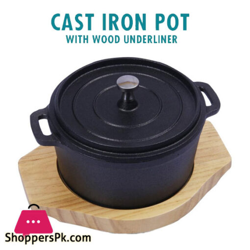 Cast Iron Pot with Wood Underline Cast Iron Casserole Dish 14 CM