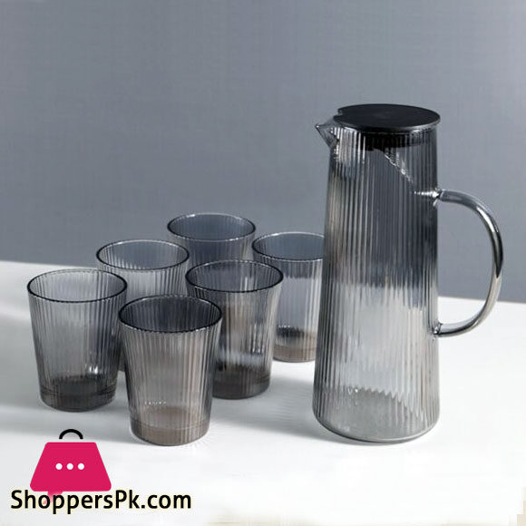Cylinderical Glass Jug With Line Design Set Of 7
