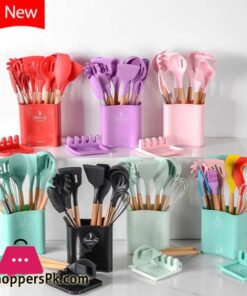 Silicone Kitchen Cookware Set With Wooden Handle Heat Resistant Non Stick Cookware Baking Tools With Storage Box AccessoriesCookware Sets