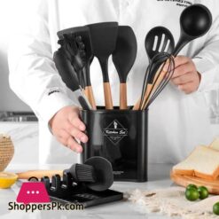 Silicone Kitchen Cookware Set With Wooden Handle Heat Resistant Non Stick Cookware Baking Tools With Storage Box Accessoriescookware Sets