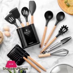Silicone Kitchen Cookware Set With Wooden Handle Heat Resistant Non Stick Cookware Baking Tools With Storage Box Accessoriescookware Sets