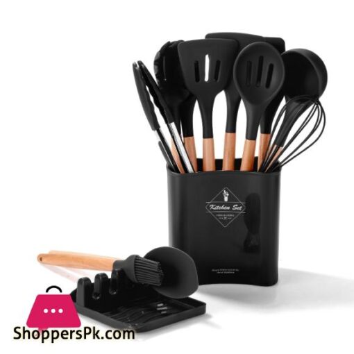Silicone Kitchen Cookware Set With Wooden Handle Heat Resistant Non Stick Cookware Baking Tools With Storage Box AccessoriesCookware Sets