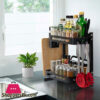 2 Tier Stainless Steel Kitchen Spice Rack Countertop Standing Organizer With 3 Hooks Black