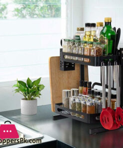 2 Tier Stainless Steel Kitchen Spice Rack Countertop Standing Organizer with 3 Hooks Black