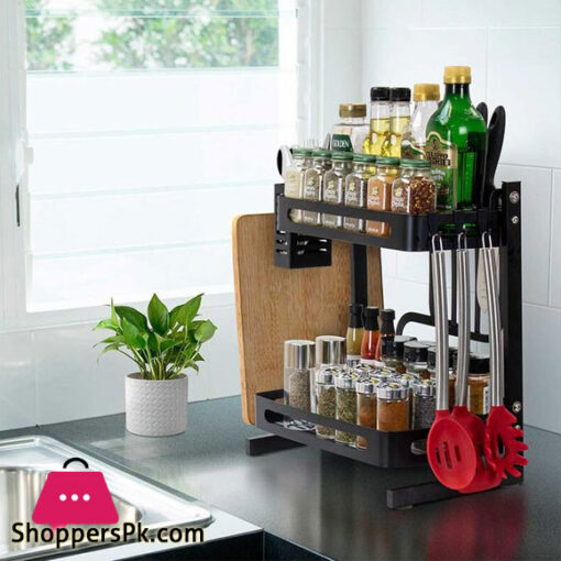 2 Tier Stainless Steel Kitchen Spice Rack Countertop Standing Organizer with 3 Hooks Black