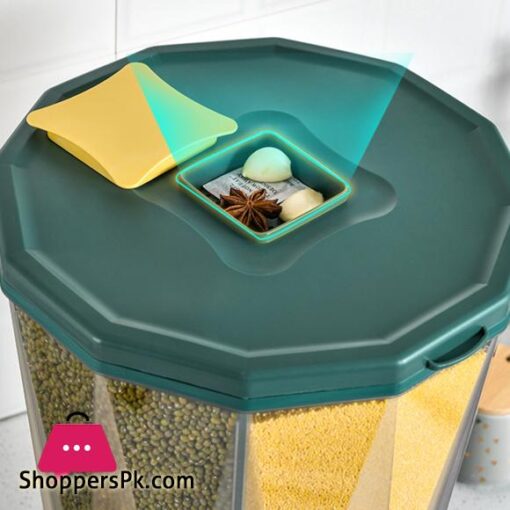 4 Grid Rice Dispenser Cereal Storage Container with Large Dry Food Container, Transparent 4 Compartments and Candy Rotating Base