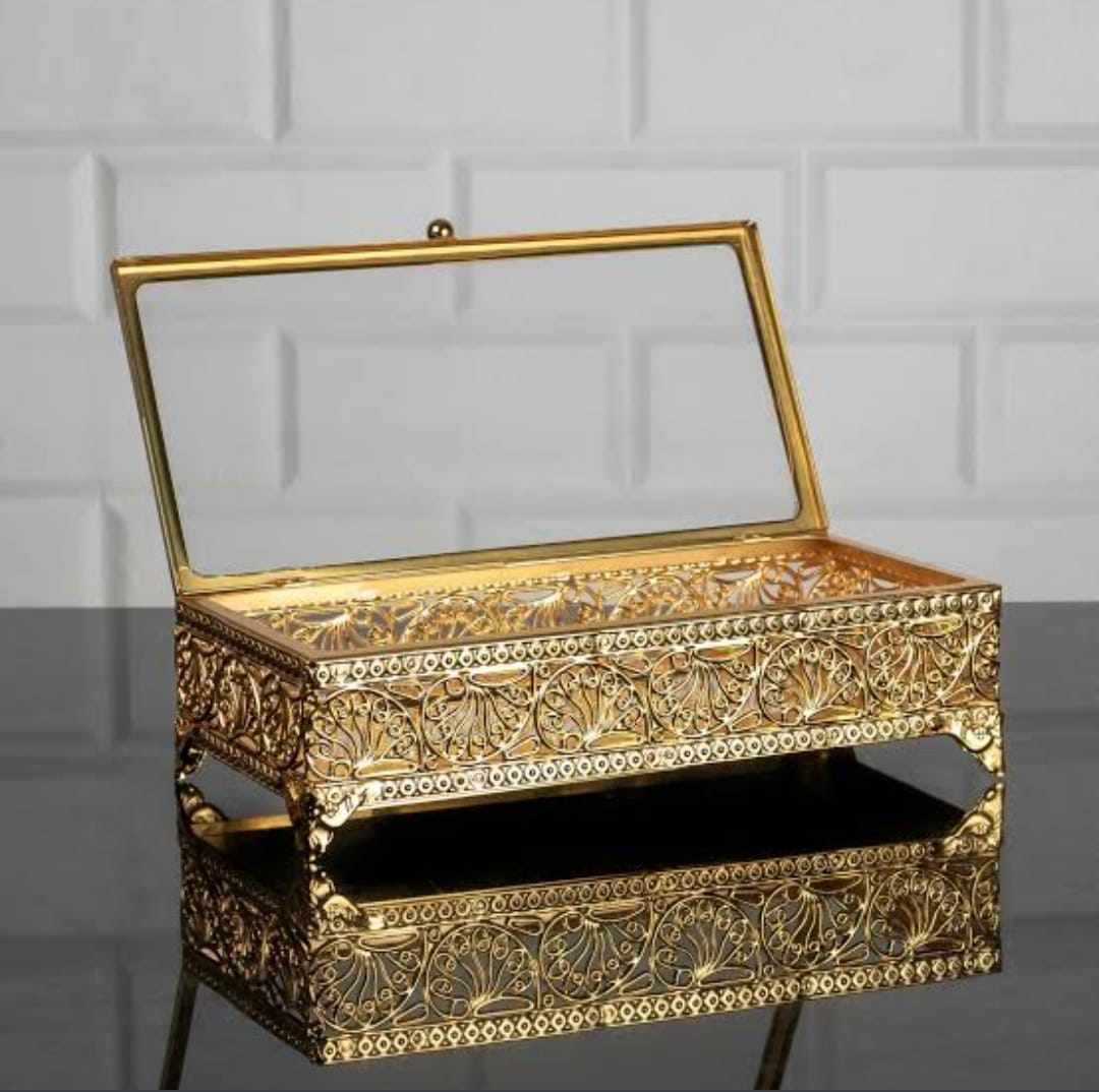 Vintage 1950'S Ormolu Gold Trinket And Jewelry Box, Filigree Design, Beveled Glass, Rectangle