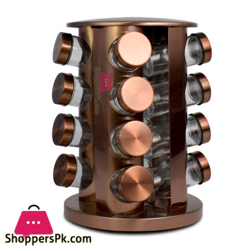 Stainless Steel Round Rotating Spice Rack with 16 Spice Jars - Copper
