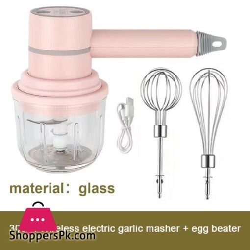 USB 2 in 1 Wireless Electric Garlic Chopper Whisk Egg Beater with Stirring Rods Kitchen Handheld Mixer