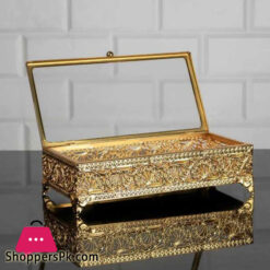 Vintage 1950's Ormolu gold trinket and jewelry box, filigree design, beveled glass, rectangle