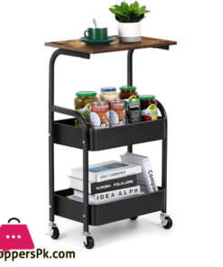 Kitchen Rolling Storage Cart, 3-Tier Slim Storage Cart with Wheels, Mobile Utility Cart with Wooden Tabletop