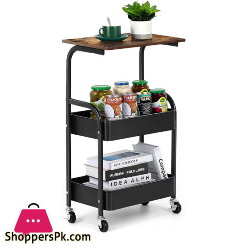 Kitchen Rolling Storage Cart, 3-Tier Slim Storage Cart with Wheels, Mobile Utility Cart with Wooden Tabletop