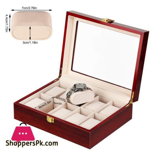 10 Slots Wooden Watch Box Display Case Glass Case Lock Storage Organizer
