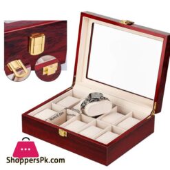 10 Slots Wooden Watch Box Display Case Glass Case Lock Storage Organizer