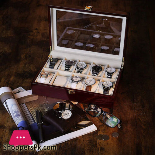 10 Slots Wooden Watch Box Display Case Glass Case Lock Storage Organizer