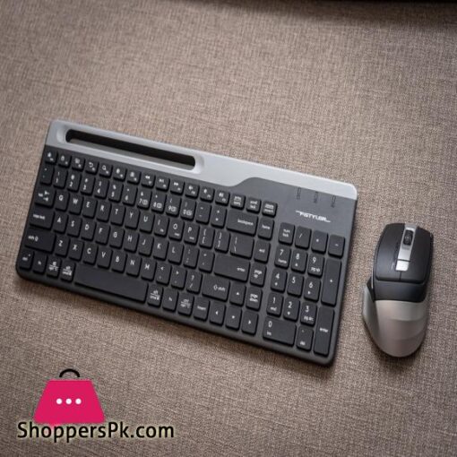 A4Tech FB2535CS Wireless Keyboard Mouse Combo Bluetooth 24G Wireless USB Nano Receiver Silent Click Mouse Rechargeable Mouse 1200 2400 DPI 3 Devices with Mouse 4 Devices with Keyboard Phone Cradle For PCLaptopMobileTabletSmart TV
