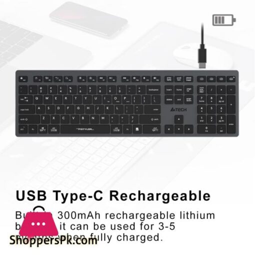 A4tech FBX50C Bluetooth 24G Wireless Keyboard Rechargeable USB Type C Multi Device 2 cm Slim Lightweight Scissor Switch Keys Multidevice Pairs Upto 4 Devices For PCLaptopTabletiOSAndroidSmart TV