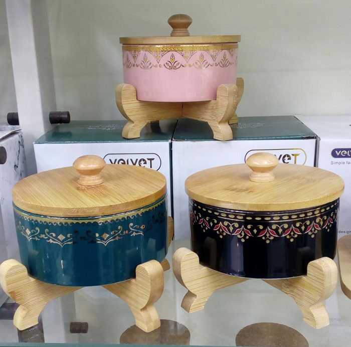 Ceramic Candy Pot With Bamboo Stand Bhojas F-1