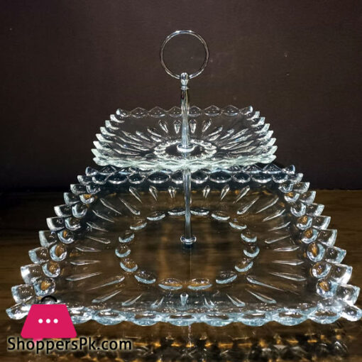 Imperial Glass Pastry Stand with Steel Rod 2 Tier Cake Stand Glass Material Square Shape For Weddings and Birthday Parties