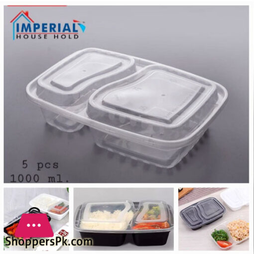 Imperial Take Out Container Food Box Microwave Safe 2-Compartment Takeaway Disposable Plastic Food Storage Container with lid 1000-ML Pack of 5