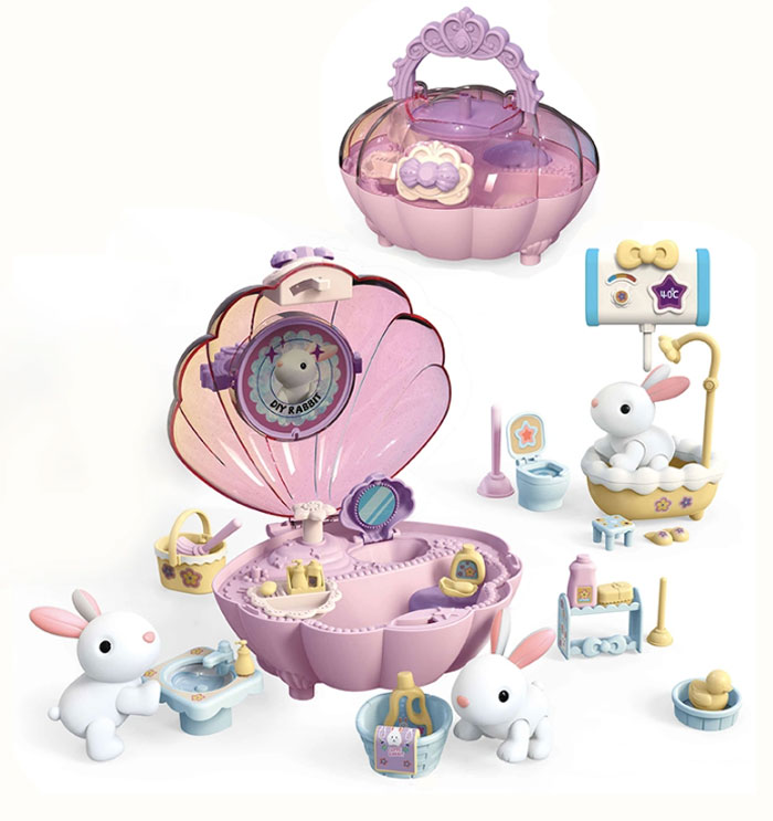 Kids Toy Dolls Playset Girls Doodle Washable Pet Play Doll House Creative Rabbit Shower Game Portable Toys Bag Girl