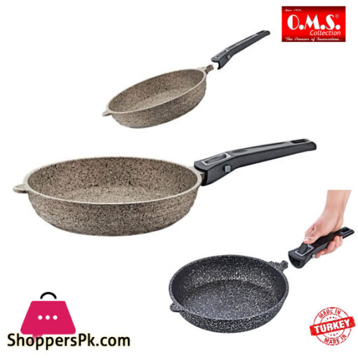 OMS Granite Marble Coating Frying Pan Set of 2 Pcs with Removable Handle Turkey Made - 3284