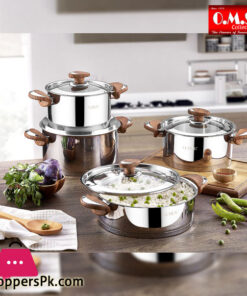 OMS Stainless Steel Cookware Set of 8 Pieces Wooden Handle Turkey Made - 1076