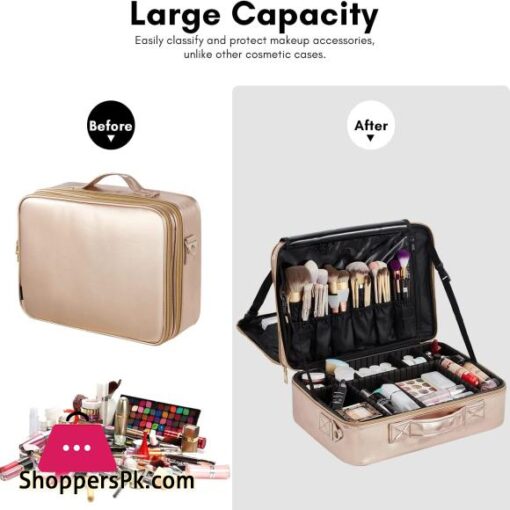 Makeup Bag VASKER Extra Large Make up Bag Mothers Day Gifts 3 Layers Professional Makeup Travel Bag Cosmetic Bag Waterproof for Storage Cosmetic Tool Accessories Toiletry Rose Gold Jewelry Organizer