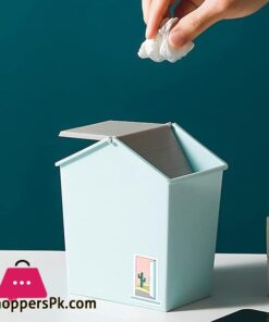 Trash Can Creative Mini House Portable Desktop Car Waste Bin Small And Cute Office Living Room Bedside Family Flip Rubbish Binblue Durable
