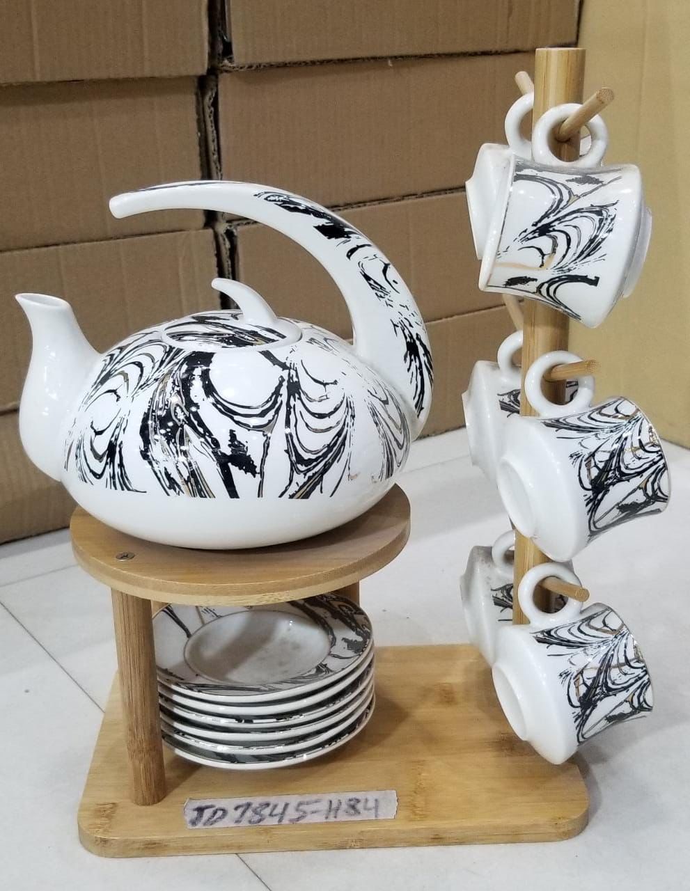 Panja Marbling Porcelain Tea Set Japanese-Style Ceramic Tea Cup Pot With Shelf Floral