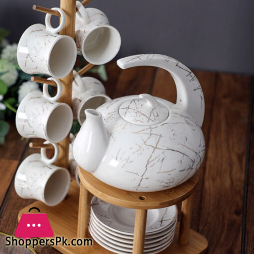 Panja Marbling Porcelain Tea Set Japanese-style Ceramic Tea Cup Pot with Shelf Floral