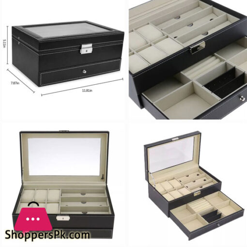 Double layer Glasses And Watch box display case-Leather Portable Storage Box with Transparent glass