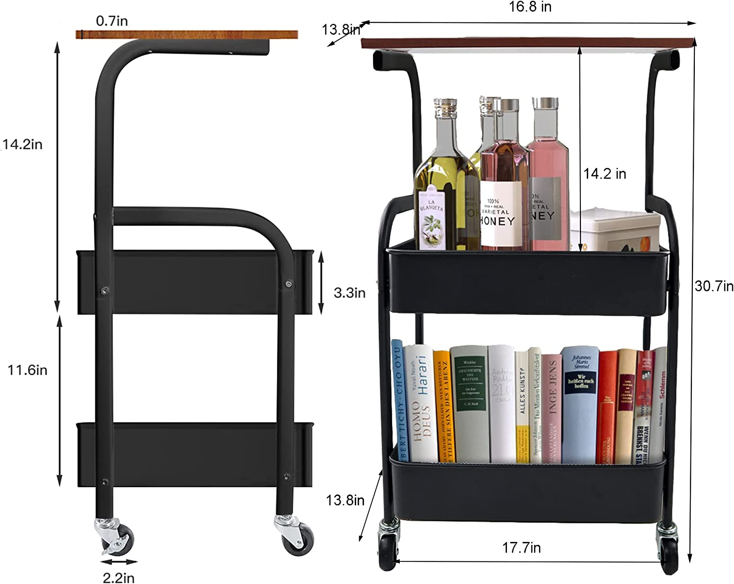 3 Tier Rolling Storage Cart With Tabletop Utility Rolling Table Cart Metal Mesh Storage Organizer As Laptop Desk, Utility Storage Rack
