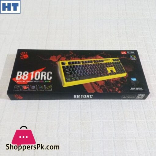 A4Tech Bloody Gaming Keyboard B810RC Punk Yellow Full Mechanical Keys Customisable RGB Backlight 02ms key response Light Strike Blue Switch Water Resistant Ultra Durable