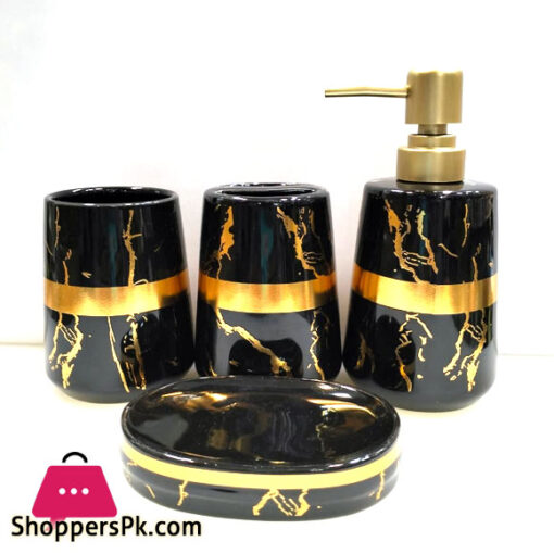 Amie-Naz Bathroom Set Black Marbel Design with Gold Rim Set of 4 Pcs