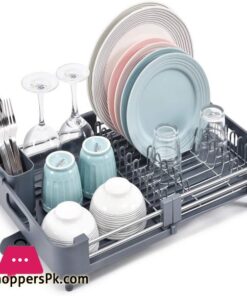 KINGRACK Expandable Dish RackFoldable Stainless Steel Dish Drainers With Removable Cutlery Holder Non Scratch Plate Rack Adjustable Dish Drying Rack With Swivel Drainage Spout Grey WK810172 6