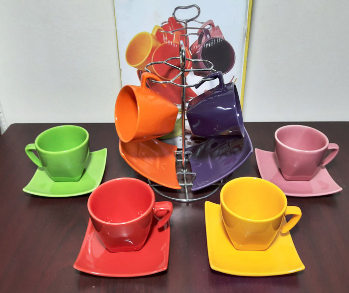 Multicolored Cup And Saucer Set With Stand Bgc