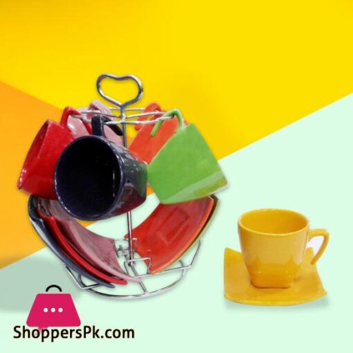 Multicolored Cup Saucer Set with Stand