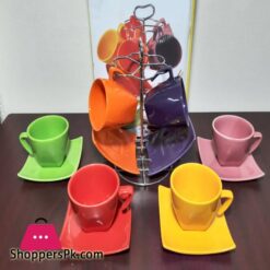 Multicolored Cup Saucer Set with Stand