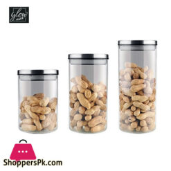 Glowmax Borosil Air tight Glass Jars - Premium Glassware Set of 3 Round Clear Storage Containers with Sealed Lids Lightweight Durable Glassware