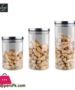 Glowmax Borosil Air tight Glass Jars - Premium Glassware Set of 3 Round Clear Storage Containers with Sealed Lids Lightweight Durable Glassware